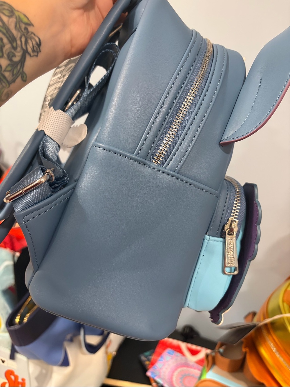 Loungefly Stitch Reading Mini Backpack in Blue with Purple Book and Pink Ears - Picture 3 of 5